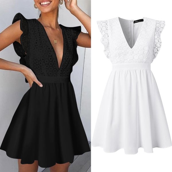 Women Summer Sleeveless Mini Dress Crochet Lace Stitching Deep V Neck Ruffled Party Casual Pleated A Line Short Dress Plus Size - Life is Beautiful for You - SheChoic