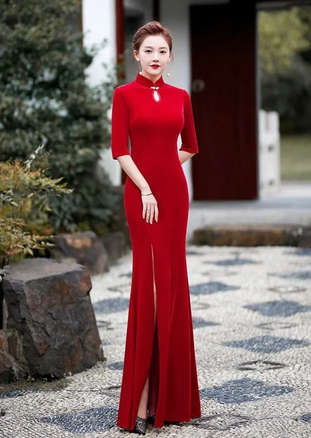 Qipao for event, velvet material, fish tail full length Qipao