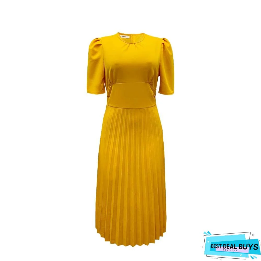 Short Sleeve Pleated Solid Color Plus Size Dress