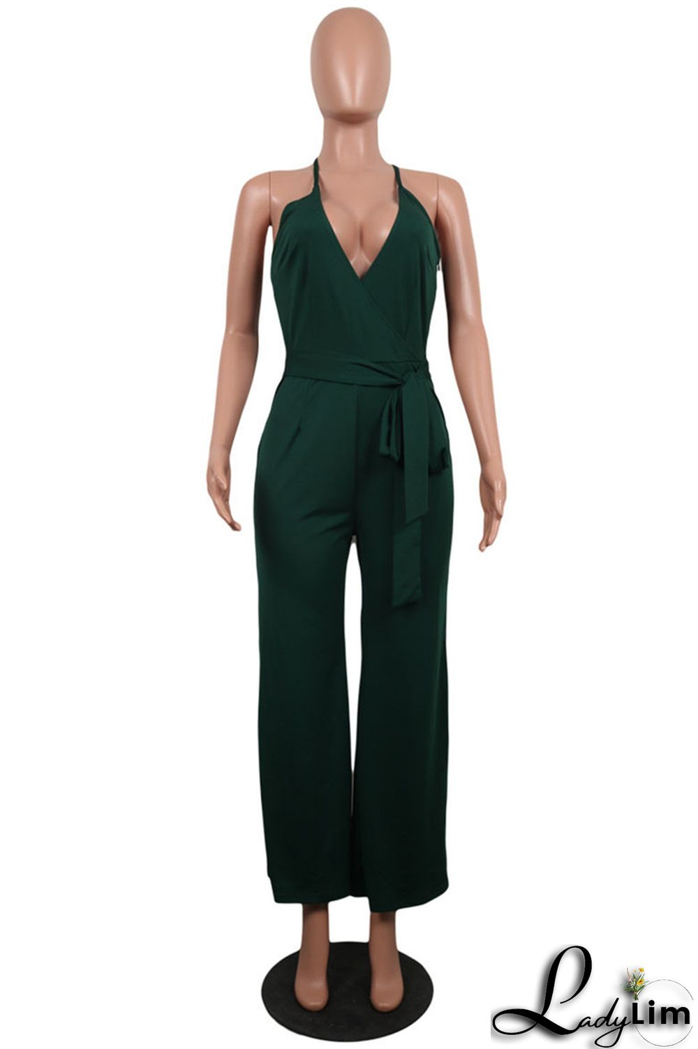 Army Green Sexy Casual Solid Backless V Neck Regular Jumpsuits