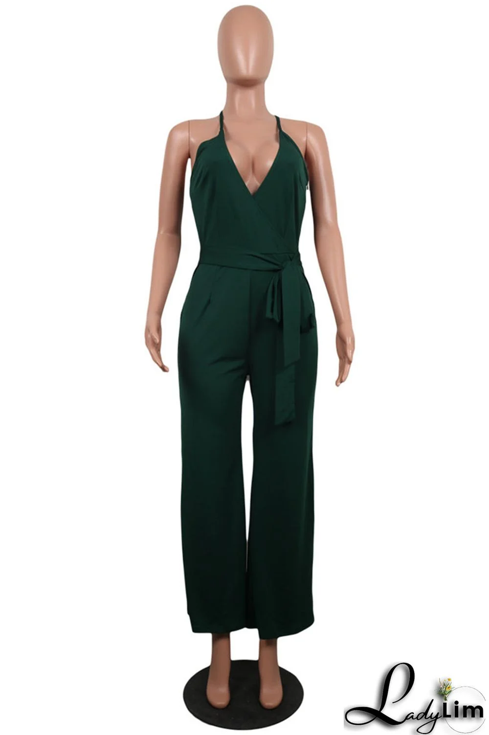 Army Green Sexy Casual Solid Backless V Neck Regular Jumpsuits