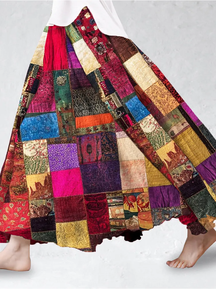 Vintage Boho Patchwork Linen Flowy Skirt