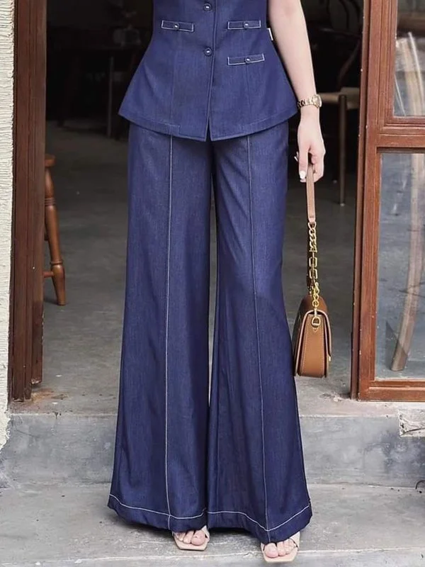 Solid Color Pockets Elasticity Wide Leg Loose Trousers Jean Pants Bottoms