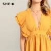 SHEIN Lady Yellow Sexy Pleated Ruffle Embellished Plunging V Neck Blouse Summer Sleeveless Glamorous Peplum Womens Tops