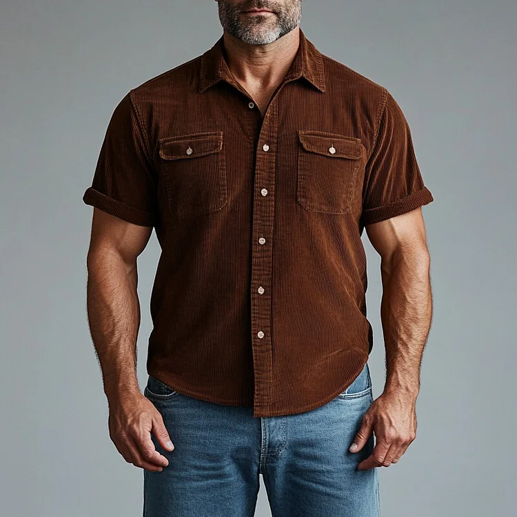 Men's Turndown Collar Button Corduroy Short Sleeve Shirt