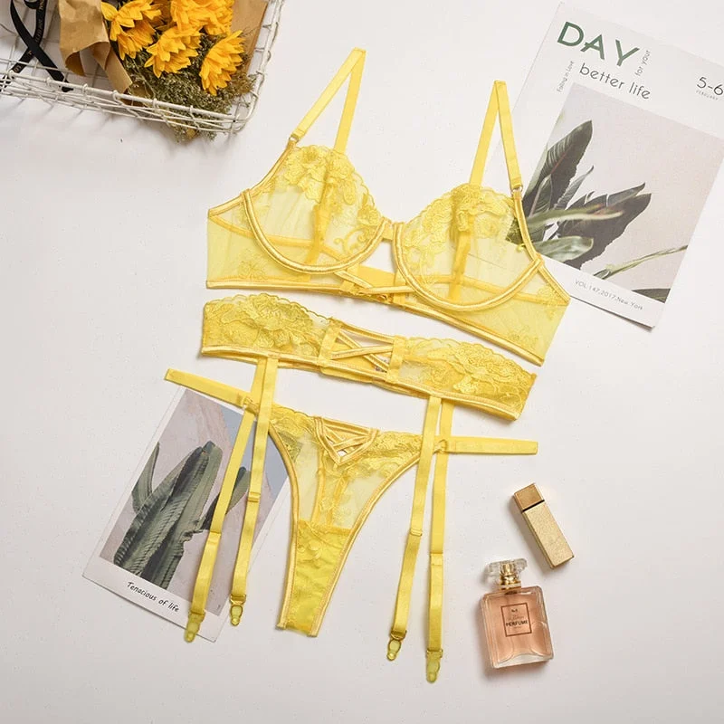 3 Pcs 2021 Lace underwire Bra Set Women Embrodiery Lace Lingerie Set Floral Bra + Panties Ladies Yellow Sexy Underwear Set