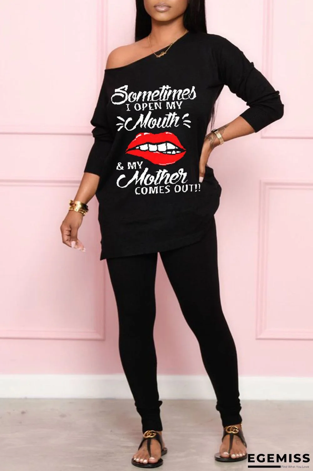 Black Casual Print Patchwork O Neck Long Sleeve Two Pieces | EGEMISS