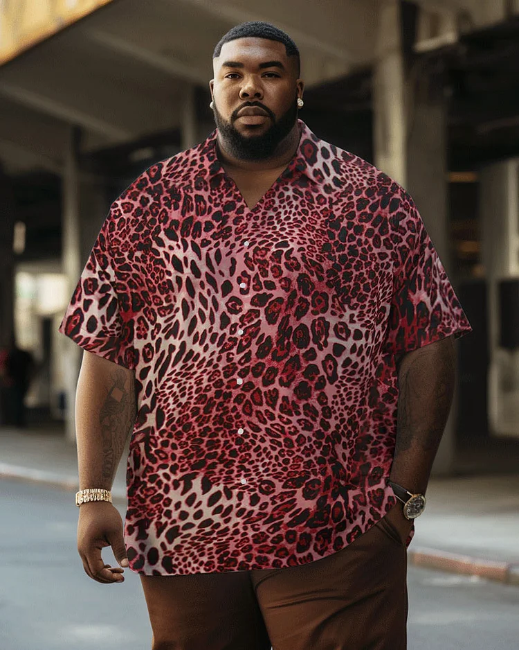Men's Large Size Retro Leopard Print 90s Rock Gradient Element Short-Sleeved Shirt