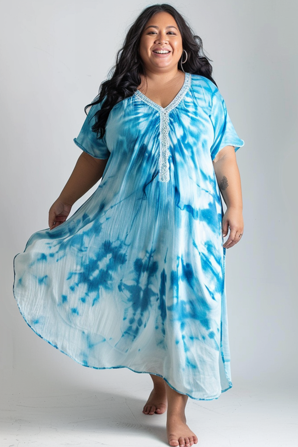 Flycurvy Plus Size Daily Casual Blue Lace Neckline Short Sleeve V Neck Maxi Dress 2024 - Flycurvy 
