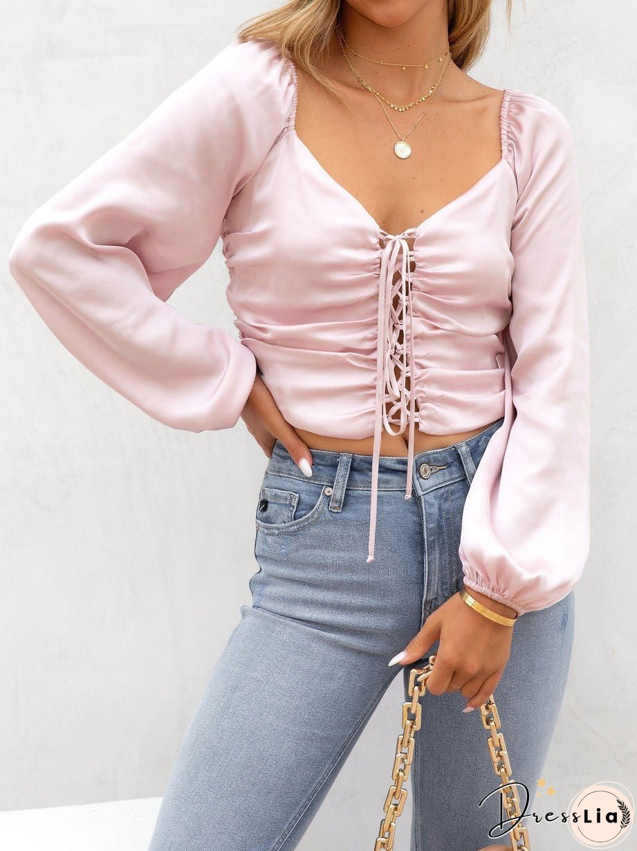 Women's Blouses V-Neck Hollow Tie Long Sleeve Blouse