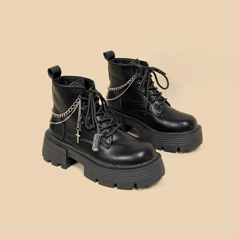 Brownm Chain with Cross Combat Boots