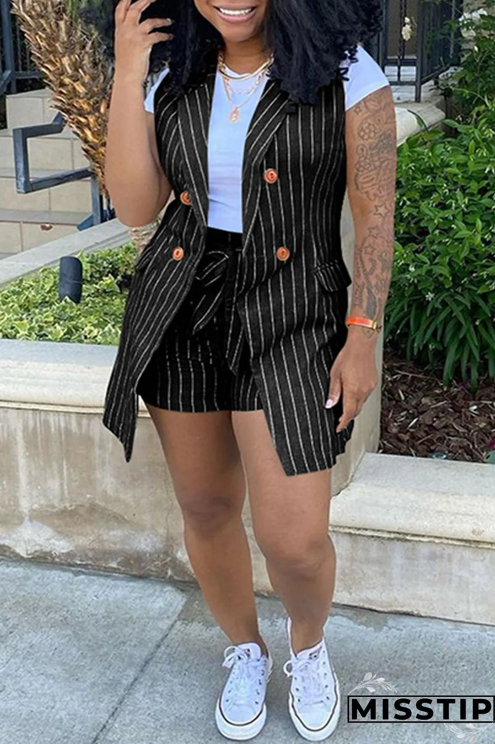 Khaki Fashion Casual Striped Print Patchwork Cardigan Turndown Collar Plus Size Two Pieces (Without T-shirt)