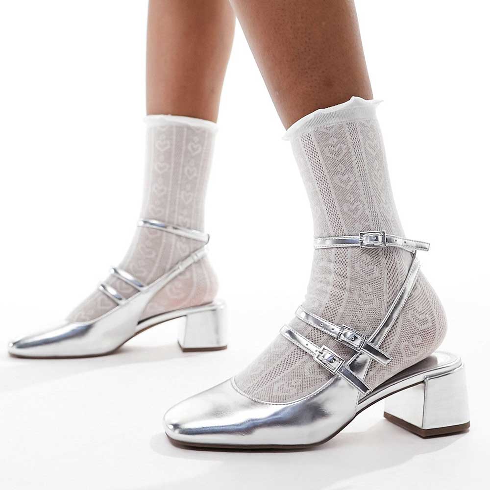 Silver Metallic Square Toe Chunky Heel Buckle Strap Pumps Nicepairs