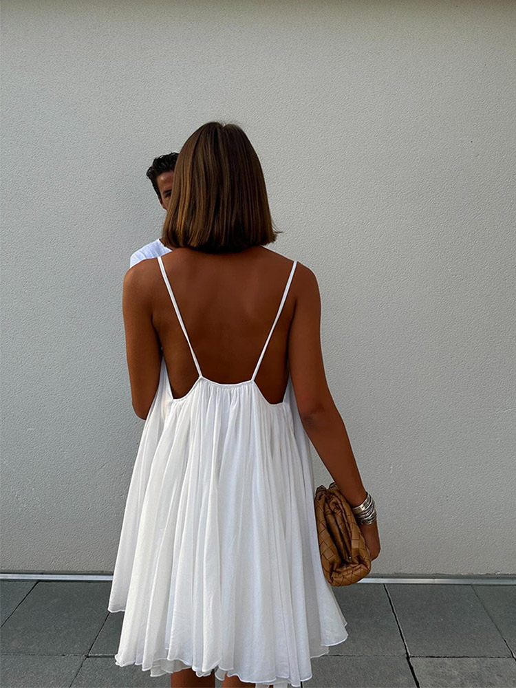 Kanonion stylish dresses for women 2025 Summer Sexy Backless Pleated Sling Mini Dress Women Chic Solid V-neck Fluffy Hem Short Dresses 2025 New Lady Beach Holiday Robes Dresses