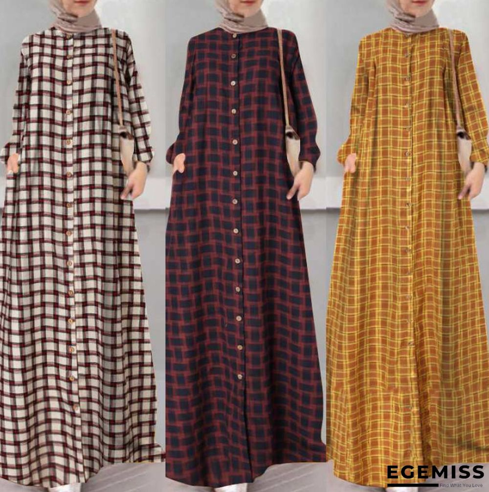 Ethnic Long Sleeve Loose Cardigan Temperament Plaid Cotton and Hemp Long Dress Linen Dresses | EGEMISS