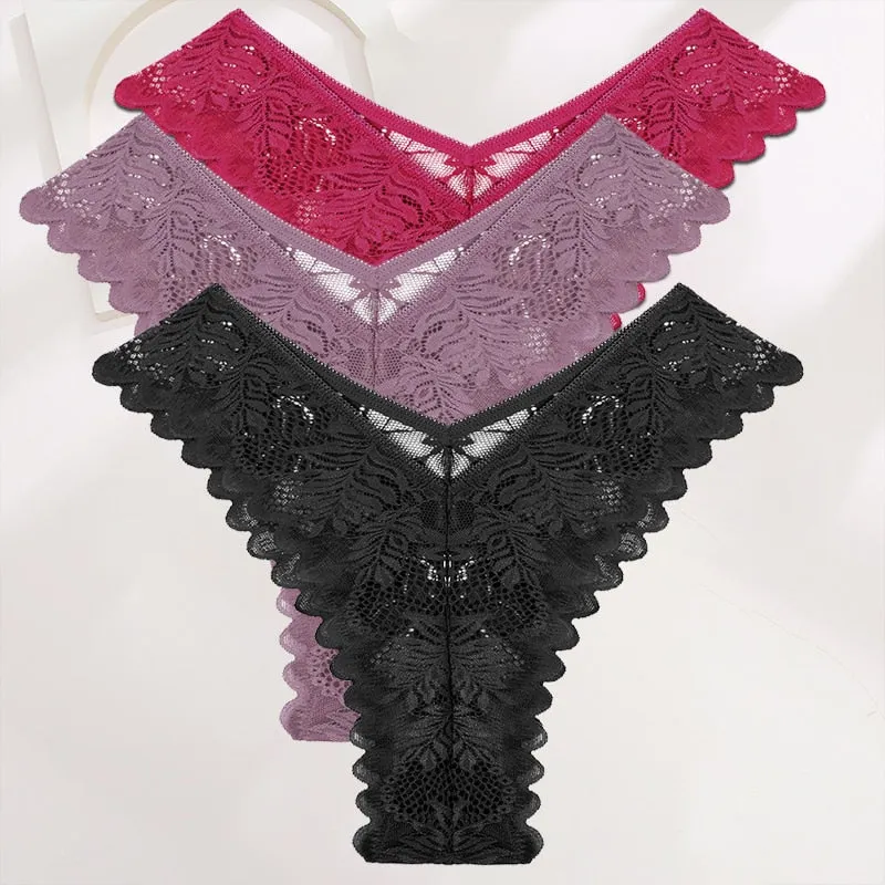 FINETOO 3PCS/Set Lace Gstring Panties Women Sexy M-XL Girls Thongs Perspective Temptation New Pantys Underwear Female Intimates
