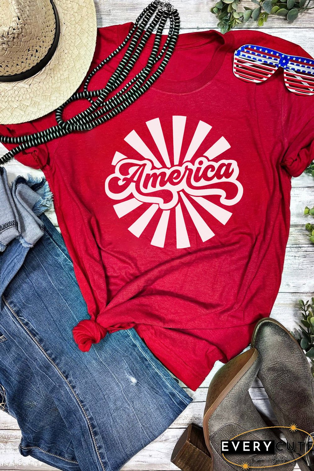 Red America Graphic Print Independence Day Short Sleeve T Shirt