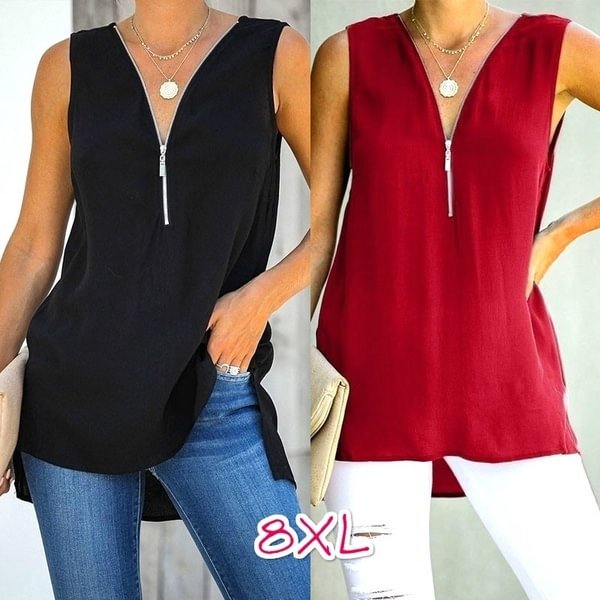 Plus Size Fashion Summer Clothes Womens Casual Solid Color Off Shoulder Camisoles Loose T-shirts Deep V-neck Blouses Ladies Chiffon Shirts Tank Tops - Shop Trendy Women's Clothing | LoverChic