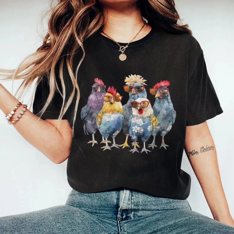 VChics Women's Retro Funny Cute Chickens Casual T-Shirt