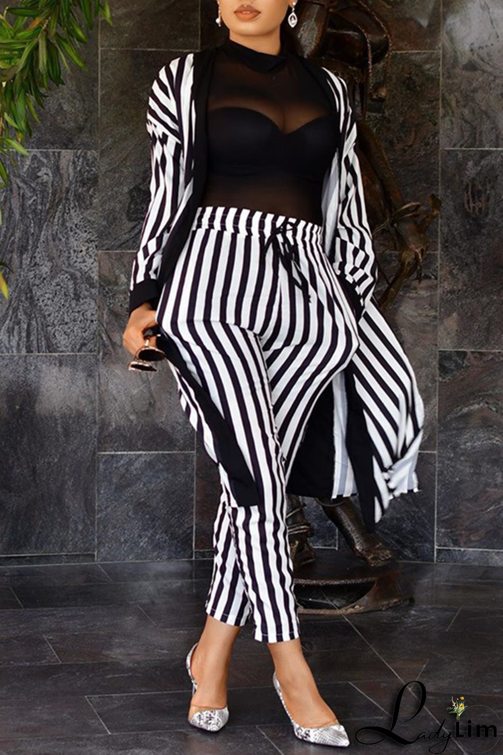 Black And White Casual Striped Split Joint Cardigan Collar Long Sleeve Two Pieces