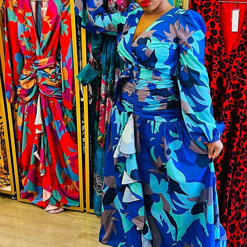 Uveng Uveng Spring New Women's Retro Print Deep V Open Fork Dress Dress Dress Dress