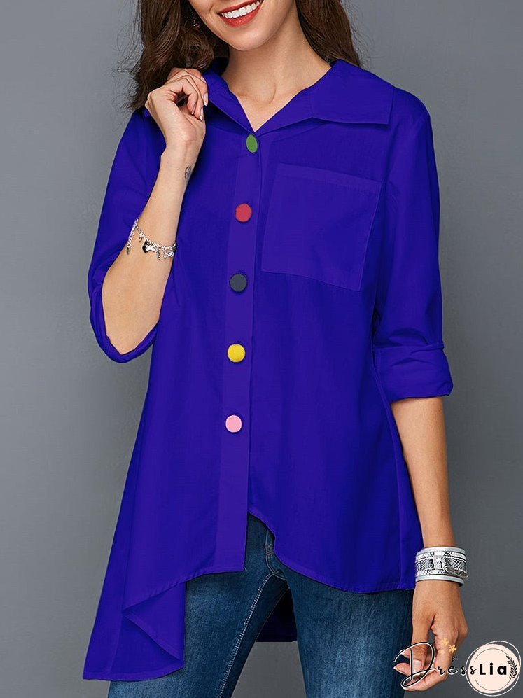 Women's Blouses Irregular Hem Collar Colorful Buttons Blouse