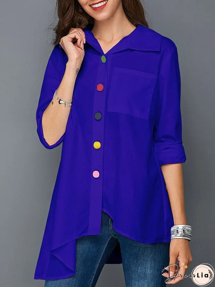 Women's Blouses Irregular Hem Collar Colorful Buttons Blouse