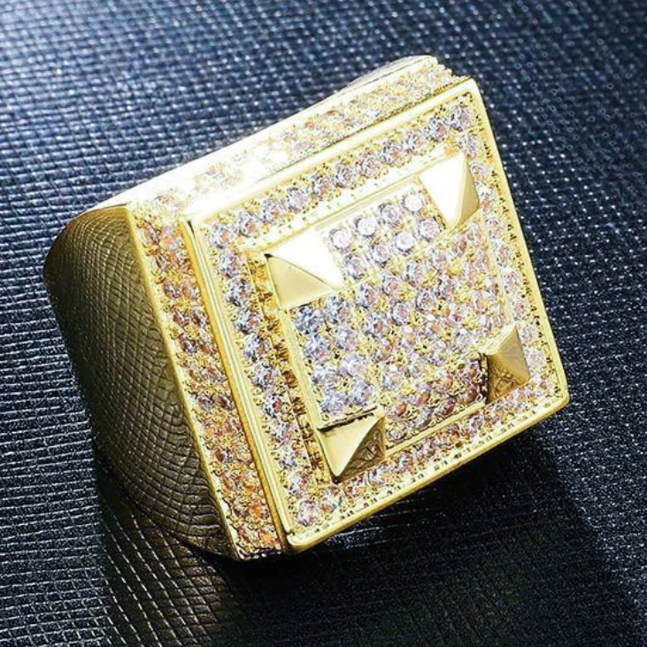 Hip Hop Full CZ Charm Iced Out Bling Square Ring-VESSFUL
