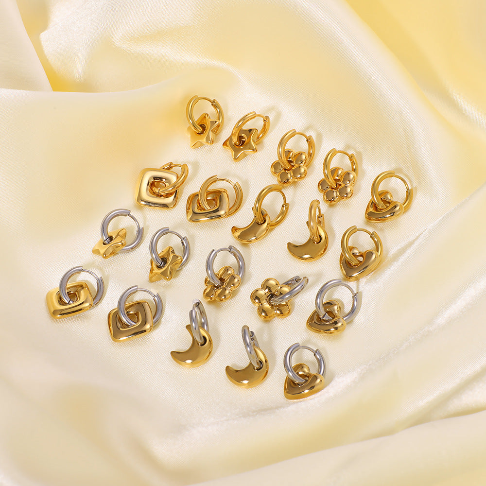 Stainless Steel Earrings For Women Love Heart Flower Crescent Geometric Pendant Earrings Titanium Steel Gold Steel Color Matching Earrings