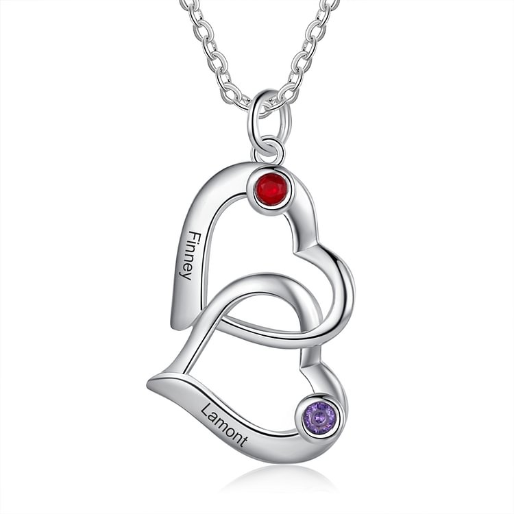 Personalized Heart Shaped Necklace，Engraved with 2 Birthstones and 2 Name