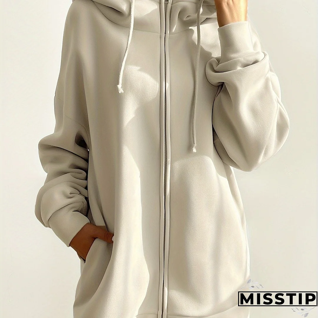Solid Color Casual Sports Hooded Zipper Sweatshirs, Long Sleeve Drawstring Hoodie, Women's Sporty Sweatshirts