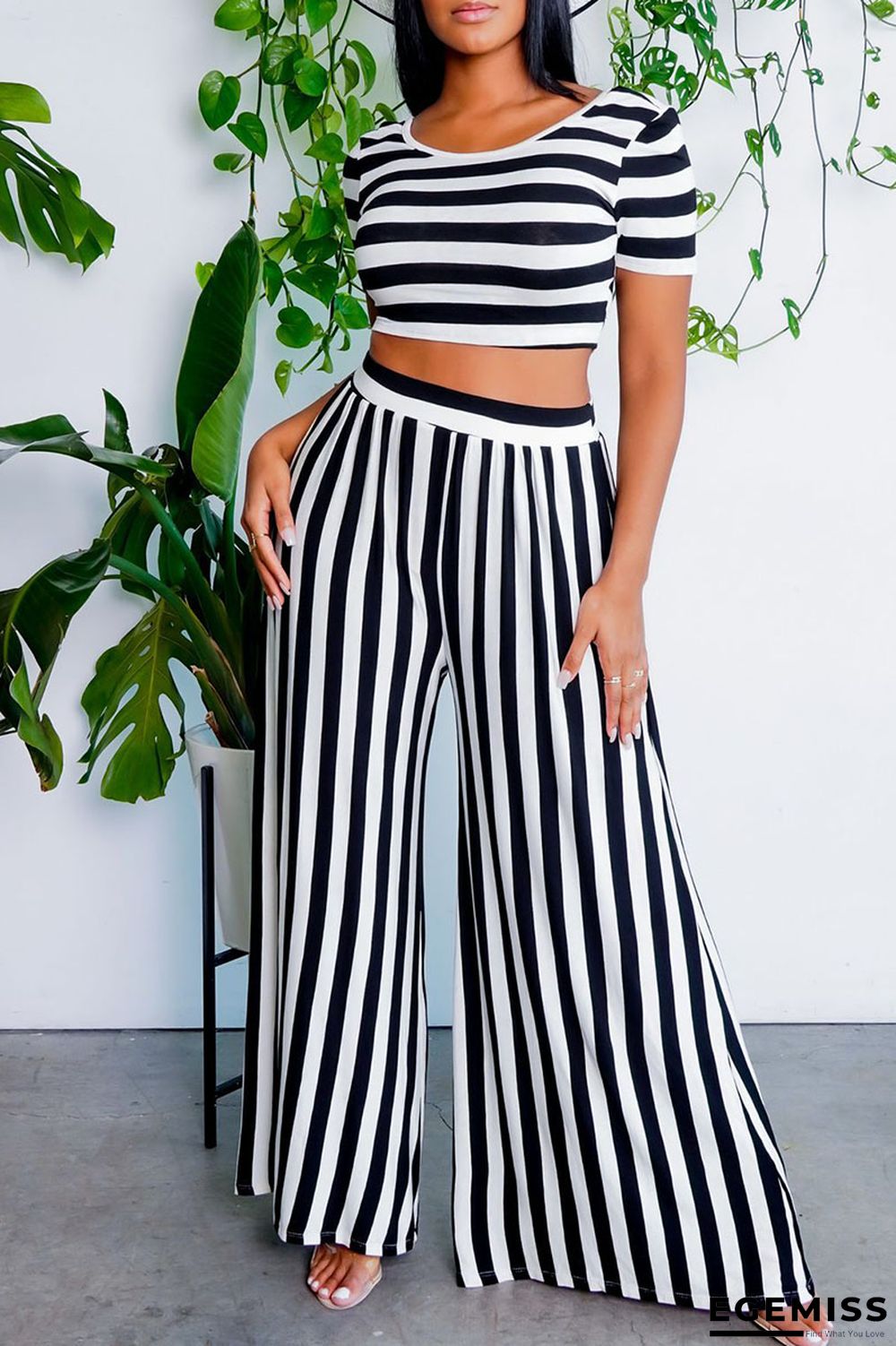 Black Casual Striped Print Patchwork O Neck Short Sleeve Two Pieces | EGEMISS