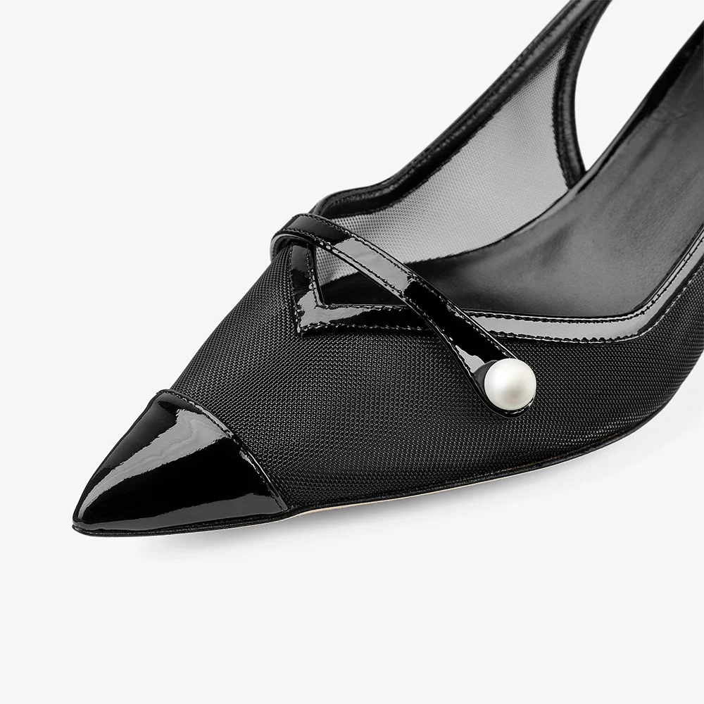 Pointed Toe Slip On Breathable Slingback Pumps Women's Black Heels