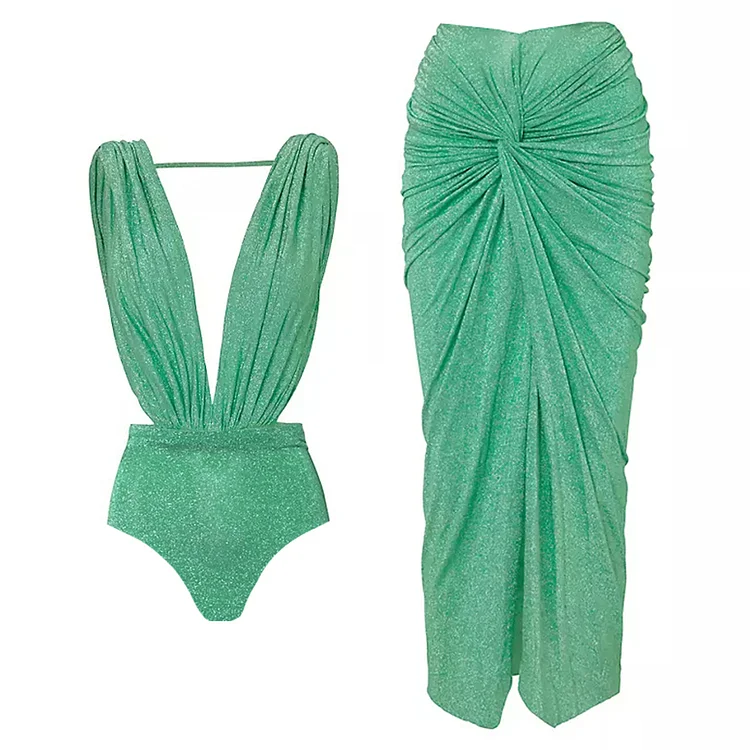 Glitter Texture Pleated Design One Piece Swimsuit and Skirt Flaxmaker