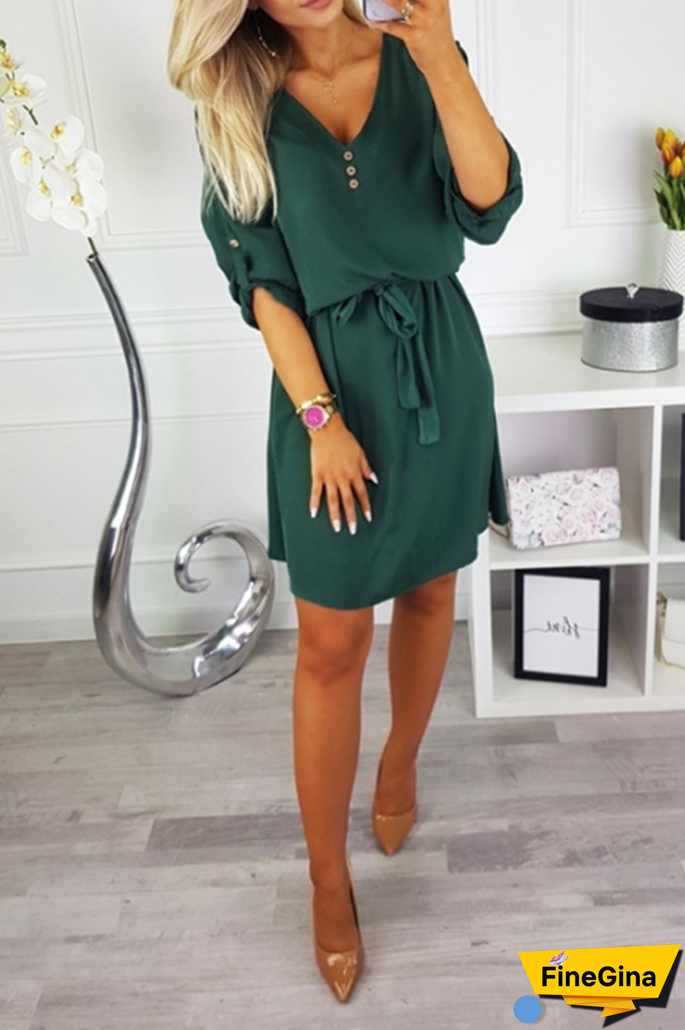 Casual Solid Buttons Strap Design V Neck Dresses(4 Colors)