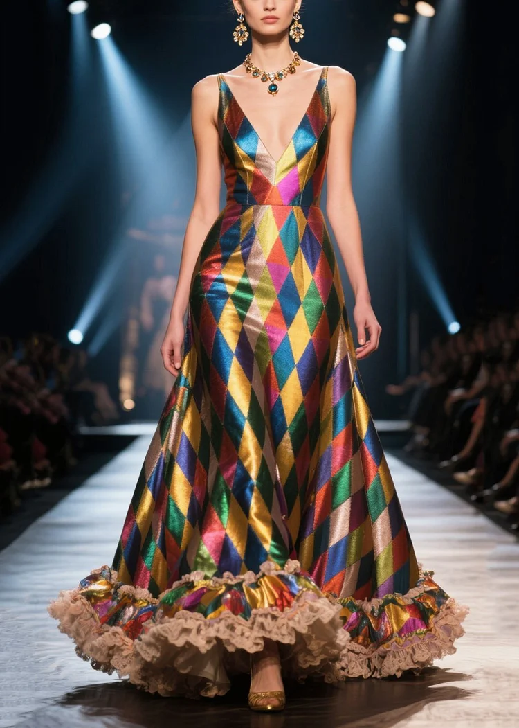 Fashion Colorblock Ruffled Patchwork Plaid Silk Evening Dress Summer