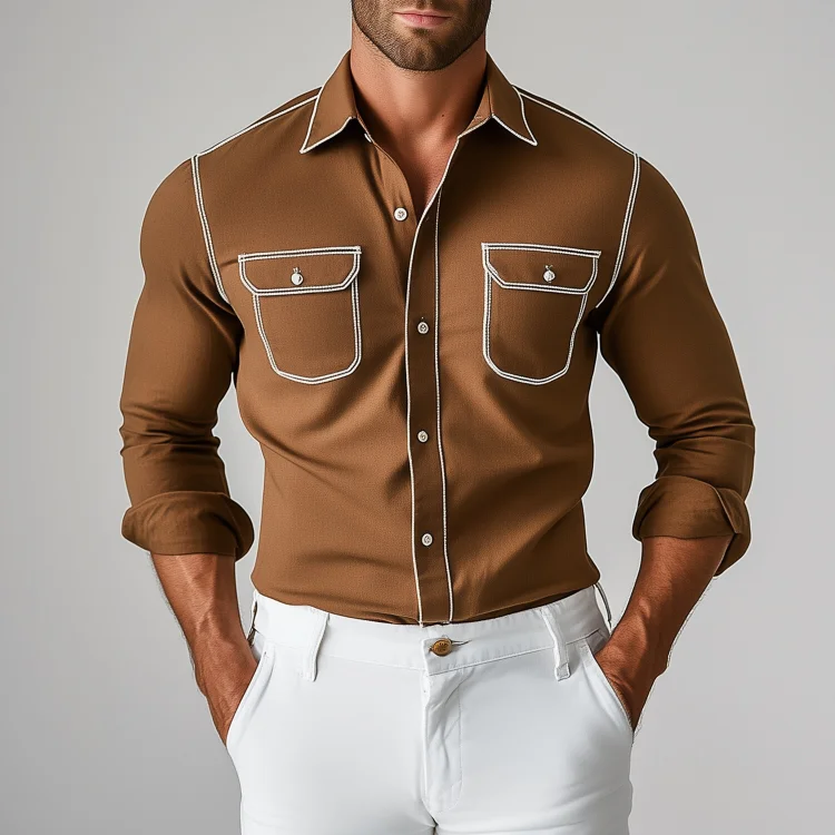 Okaywear Turndown Collar Button Contrast Stitch Long Sleeve Shirt Okaywear