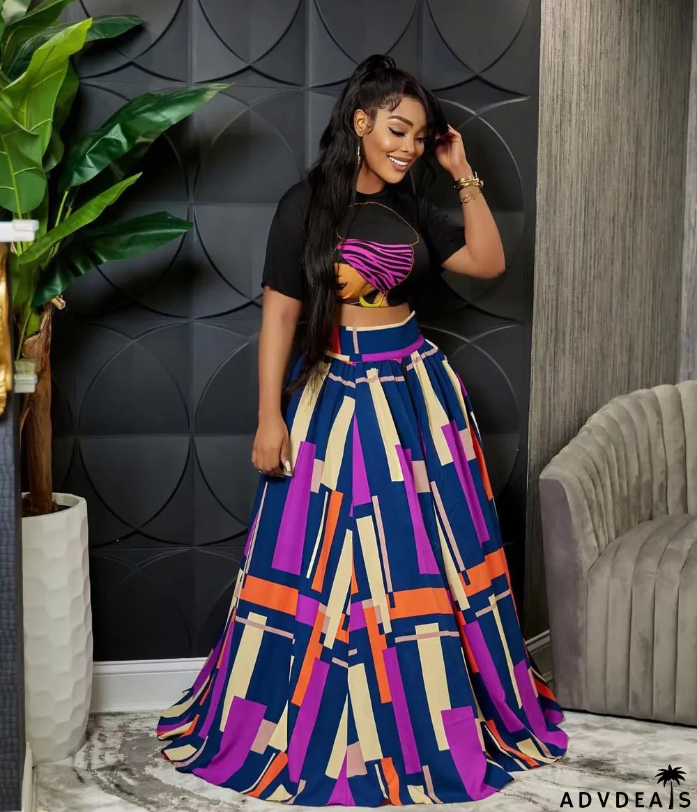 Summer Printed Top+Printed Swing Skirt Two-Piece Set