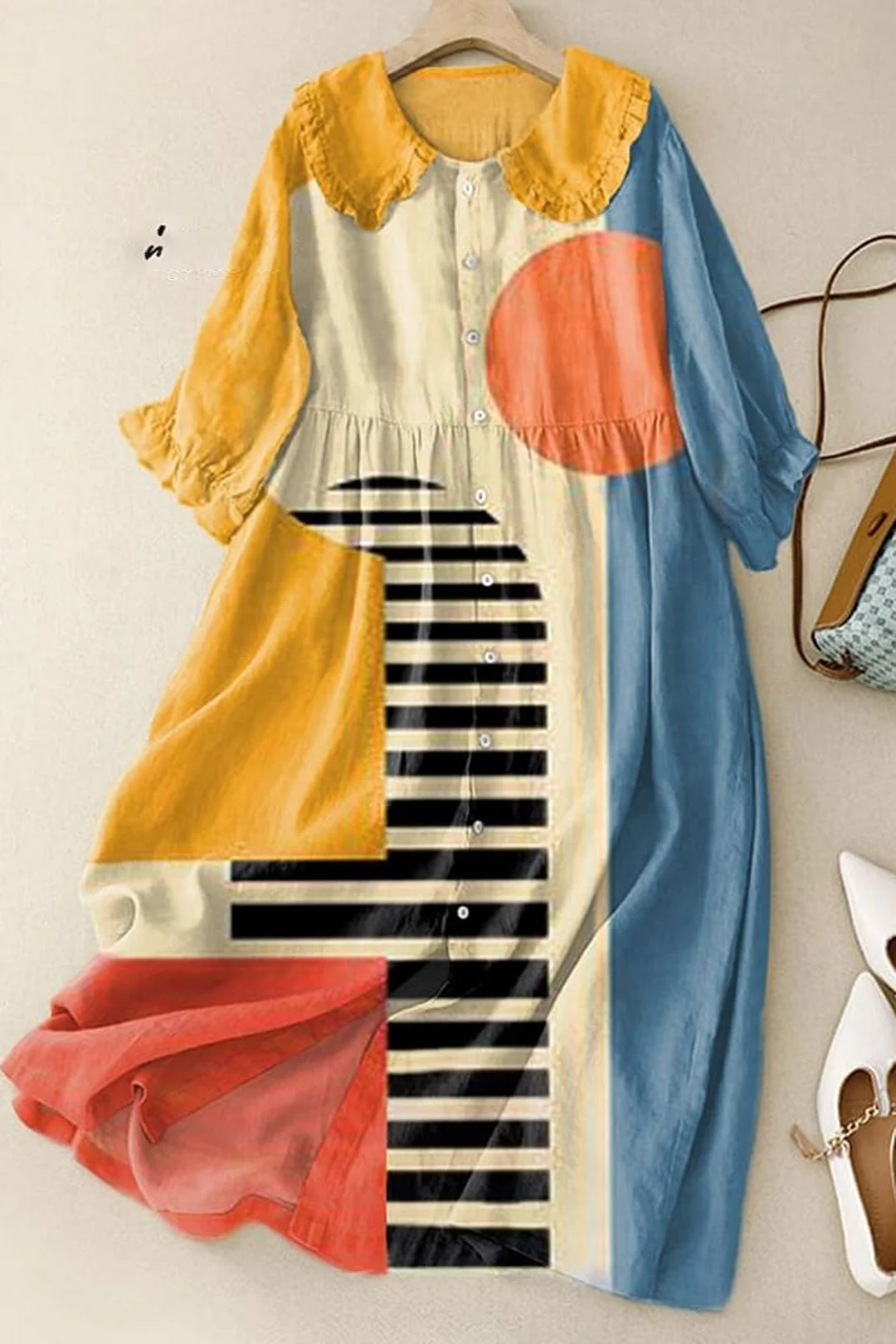 Women‘s Vintage Abstract Geometric Art Print Peter Pan Collar Cotton Dress