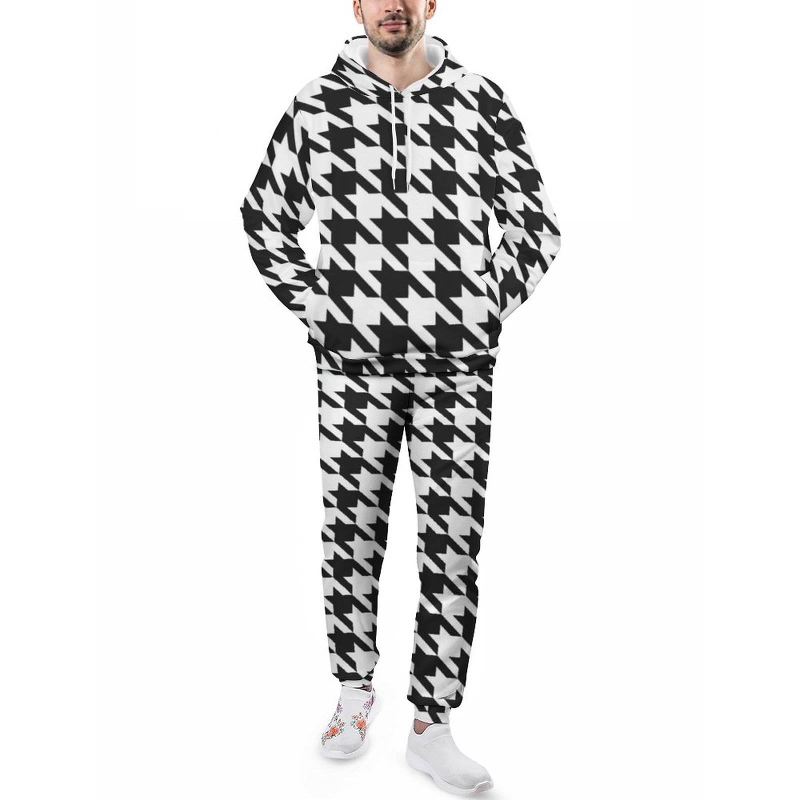 Black And White Houndstooth Pattern Men's Tracksuit 2 Piece Hoodie Sweatsuit Sets Guys Casual Jogging Athletic Suits
