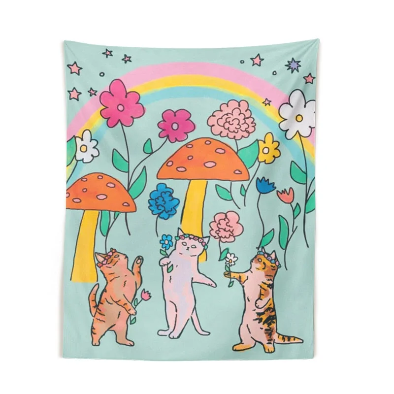 Flower Cats Moon Tapestry Wall Hanging Cartoon Rainbow Carpet Tapestries Wall Cloth Yoga Carpet Bohemian Decor Gift Decor print