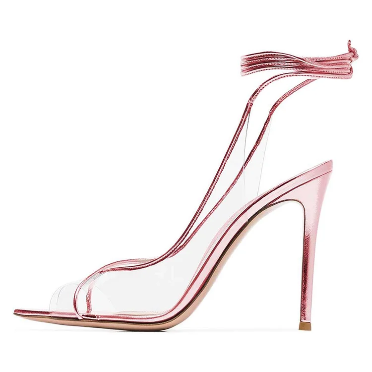 Pink Clear Heels Ankle Strap Stiletto Heel Sandals |FSJ Shoes