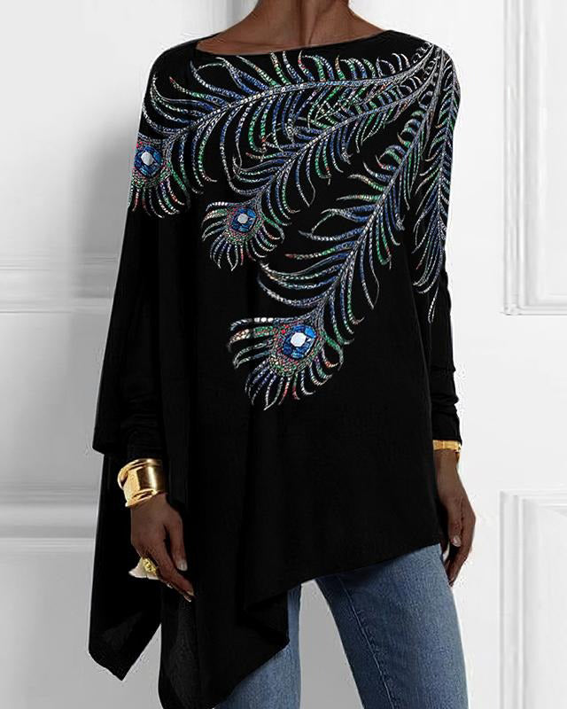 Peacock Feather Print Long Sleeve Loose Hem Top