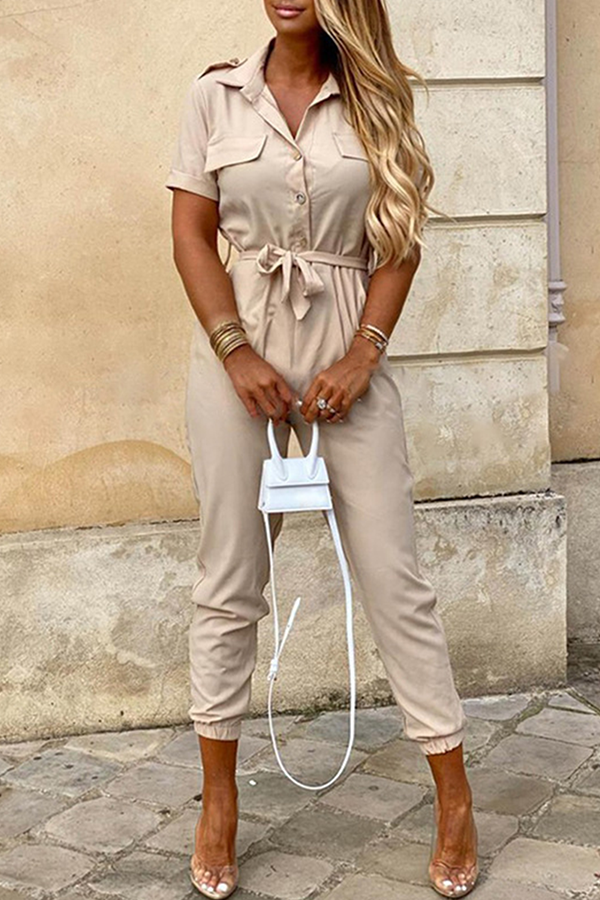 Casual Solid Buckle With Belt Turndown Collar Jumpsuits(12 Colors) - Life is Beautiful for You - SheChoic