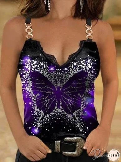 Lace Butterfly Print Casual Tank Tops