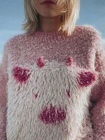 Cute Fuzzy Cow Embroidered Cozy Knit Sweater