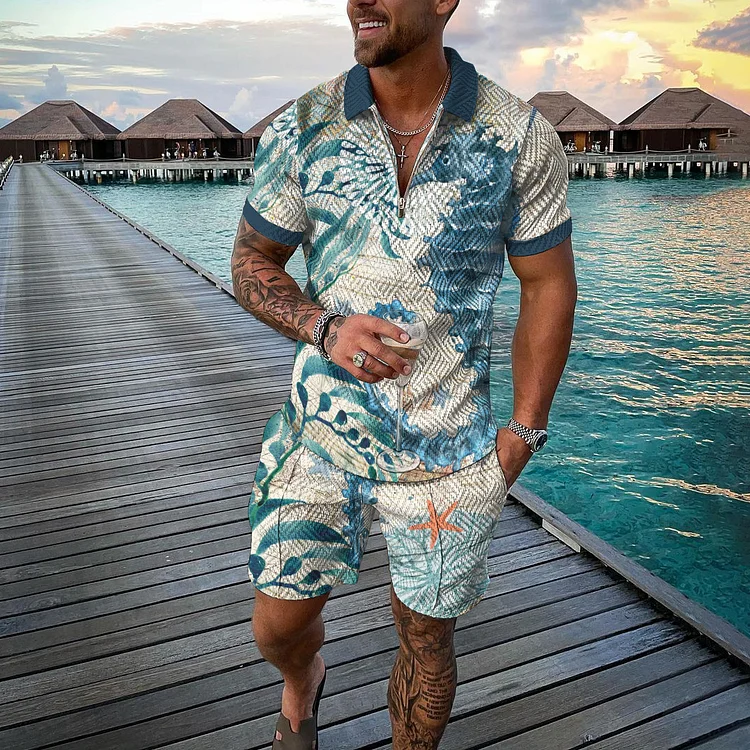 BrosWear Seahorse Sea Print Short Sleeve Polo Shirt And Shorts Co-Ord