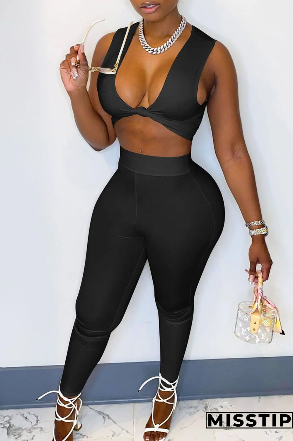 Black Sexy Solid Patchwork Knotted U Neck Short Sleeve Two Pieces