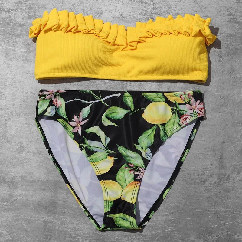 ZTVitality Yellow Folds Bikinis Sexy Bikini 2020 Hot Sale Padded Bra Strapless Lemon Swimsuit High Waist Swimwear Women Biquini