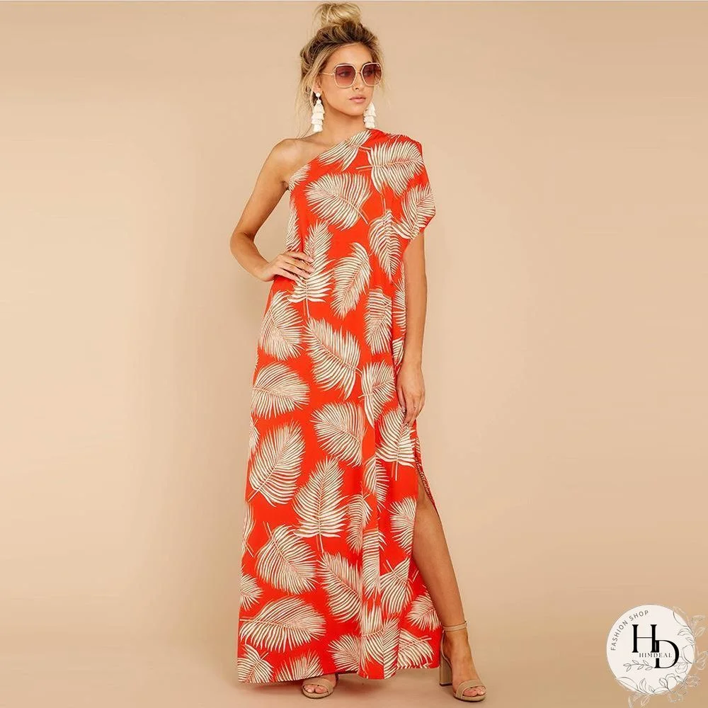 Sexy One-Shoulder Print Split Dress